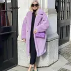 Зимнее стильное пушистое пальто с отложным воротником из искусственного меха пушистая длинная куртка фиолетовая Женская дубленка пушистые длинные куртки сохраняют тепло верхняя одежда