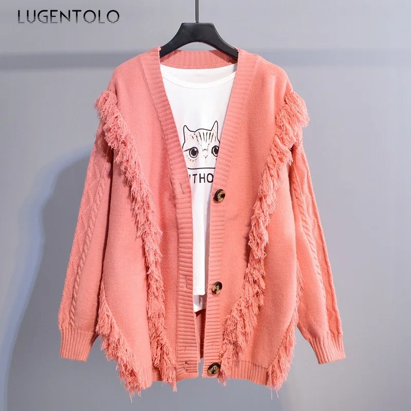 Lugentolo Ladies Sweater Casual Loose Student Jacket Fashion Tassel Knit Cardigan Solid Color |