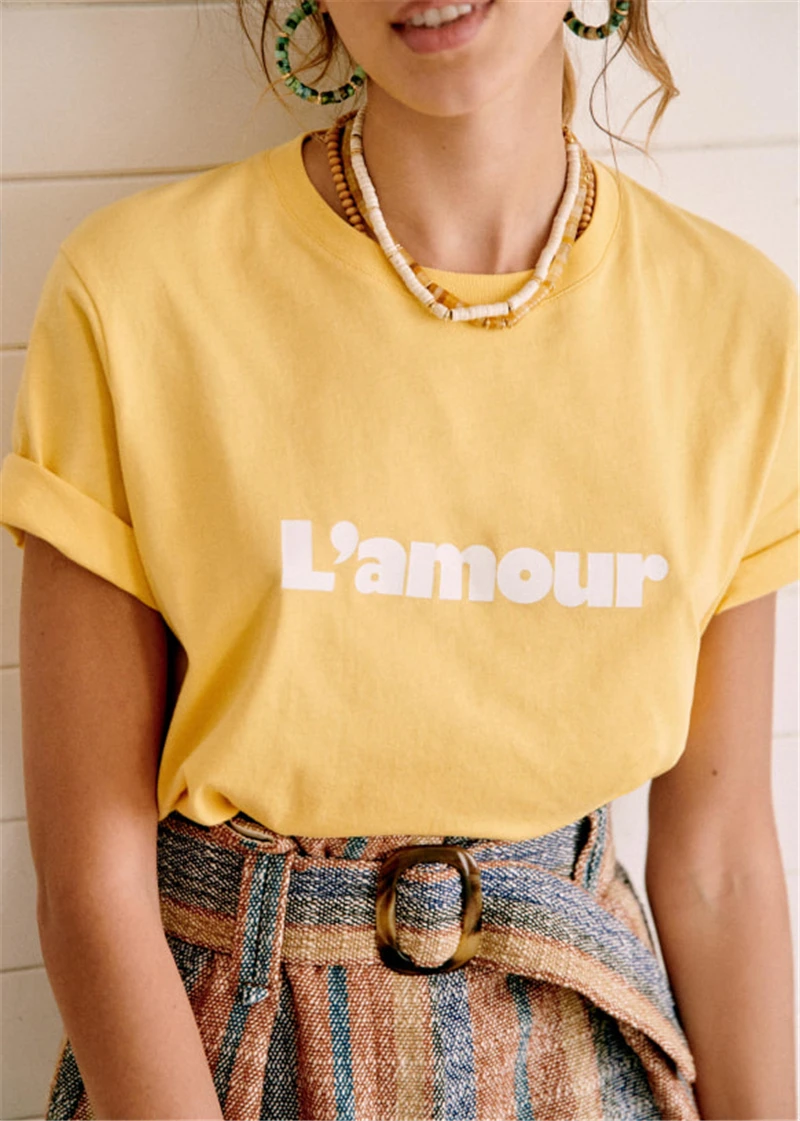 

Женская футболка с коротким рукавом, желтая свободная футболка с круглым вырезом и принтом французского алфавита, весна-лето 2021