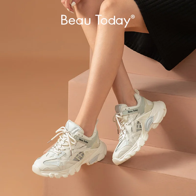 

BeauToday Chunky Sneakers Women Split Leather Breathable Mesh Lace-Up Trendy Ladies Casual Sport Shoes Handmade 29382