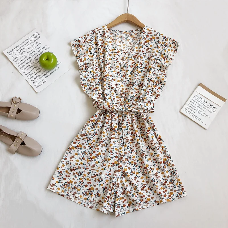 

Women's Summer Clothing 2021 Korean New Fashion V-neck Floral Ruffle Sleeve Lace-up Jumpsuit Wide-leg Bodysuits