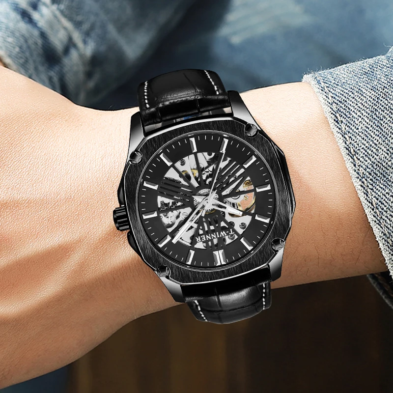 Классический победитель квадратный черный циферблат дизайн кожаный ремень