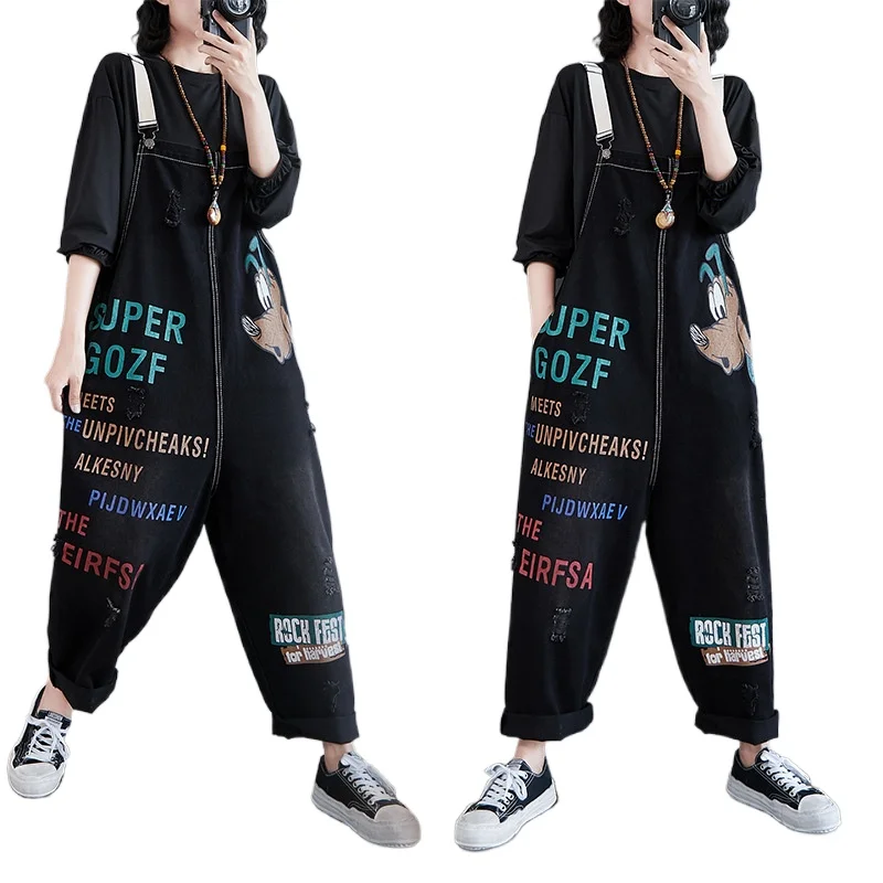 

2021 New Black denims overalls women's spring and summer plus size letter printed cartoon suspenders cotton soft jumpsuit pant
