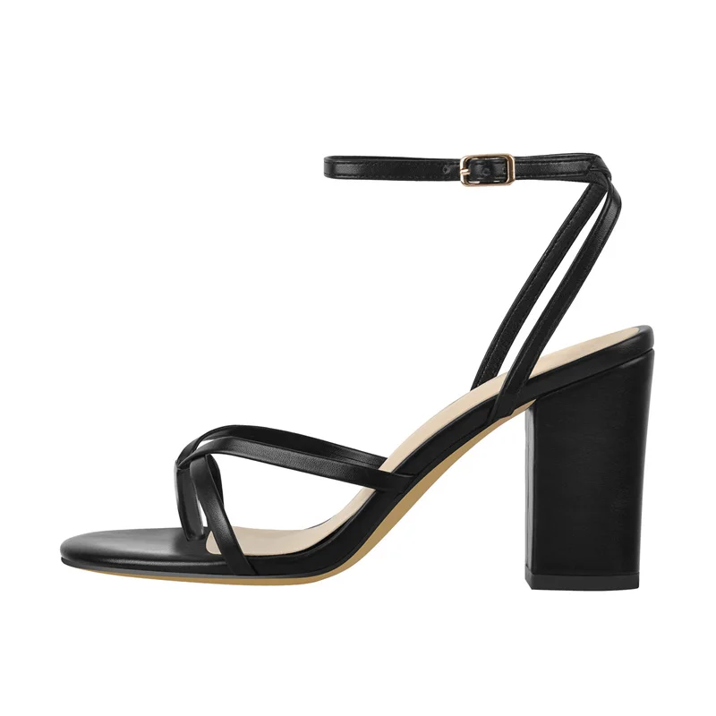 Richealnana Concise Chunky Heels Sandal Flip Flops Women Matte Black Round Open Toe Sandals Ankle Buckle Office Lady Summer