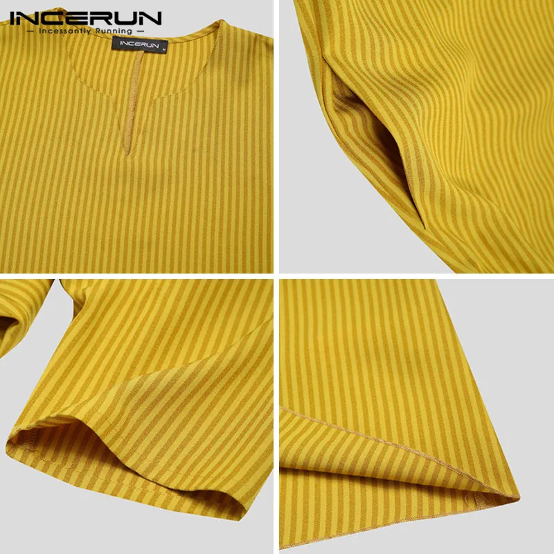 

Striped Men Muslim Jubba Thobe Half Sleeve V Neck Caftan 2021 Dubai Casual Arabic Islamic Kaftan Men Robes Abaya INCERUN S-5XL