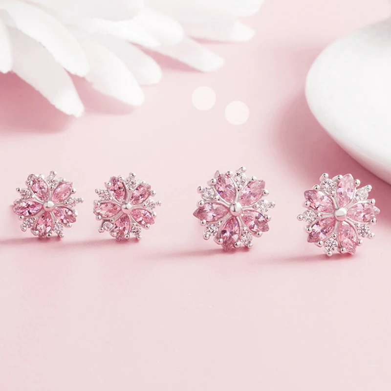 

S925 Silver Cherry blossom Pink Crystal Gemstone Diamond Earrings For Women Girls Silver AAA Zircon Earring Fine Jewelry