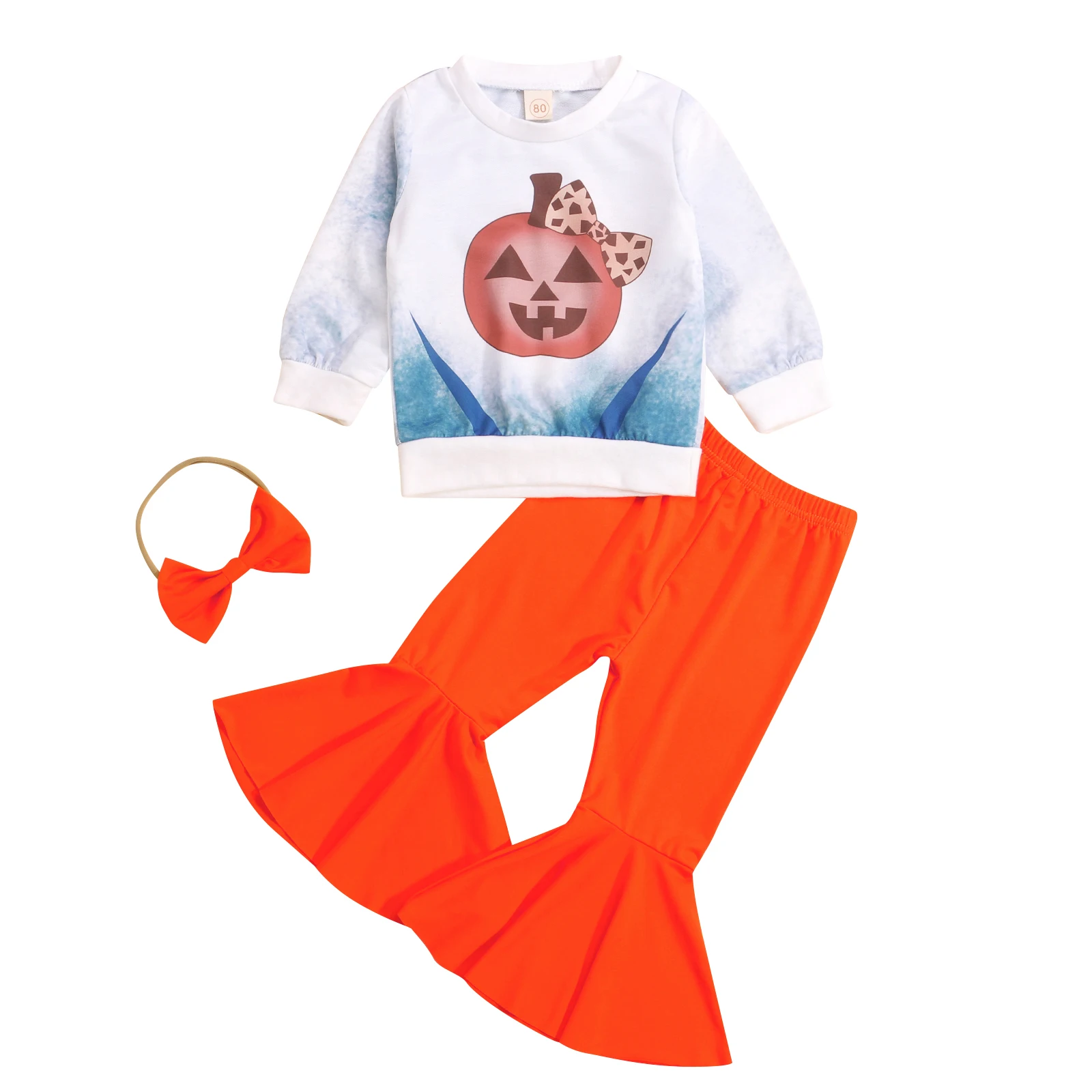 

Lioraitiin 1-5Years Toddler Baby Girl 3 Pieces Kids Suit Set Pumpkin Print O-Neck Long Sleeve Top Solid Flared Trousers Hairband