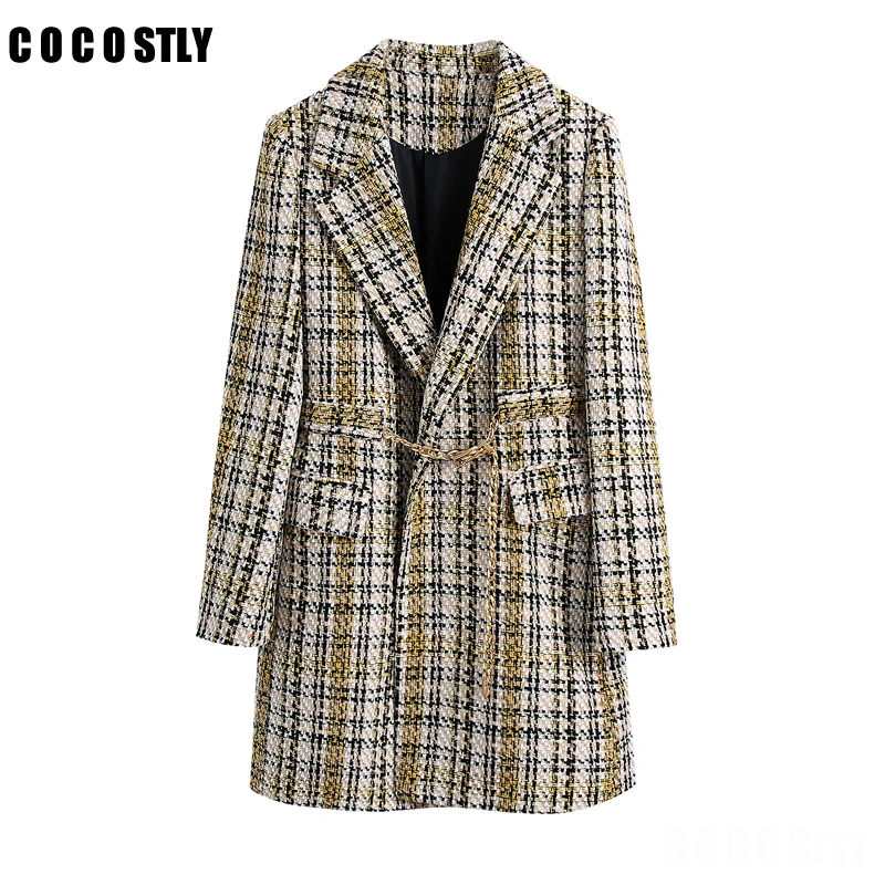 

Women 2022 Fashion Golden Belt Tweed Blazer Coat Vintage Long Sleeve Flap Pockets Female Tweed Jacket Outerwear Veste casaco