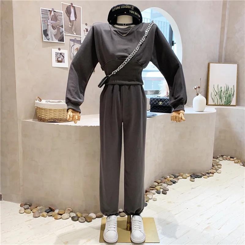 

New Women's Clothing 2021 Autumn Long sleeve short Pullover Sweater + high waist jogger pants two-piece set