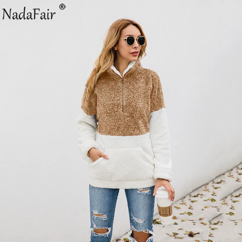 Nadafair, искусственный мех, повседневные, более размера d, толстовки, Женская толстовка, осень, пэчворк, карманы, молния, размера плюс, флис, Зимний пуловер - Цвет: Brown