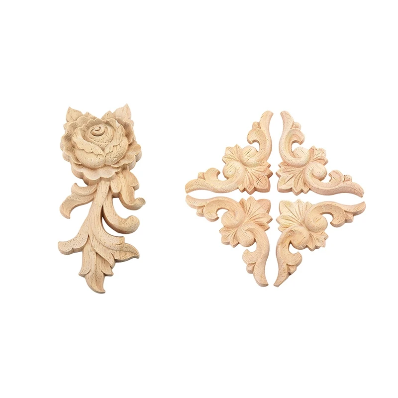 

Promotion! 1Pc 15 x 6.5cm Wood Carved Corner Onlay Applique Door Cabinet Rose Unpainted European Style & 4Pcs 6 x 6cm