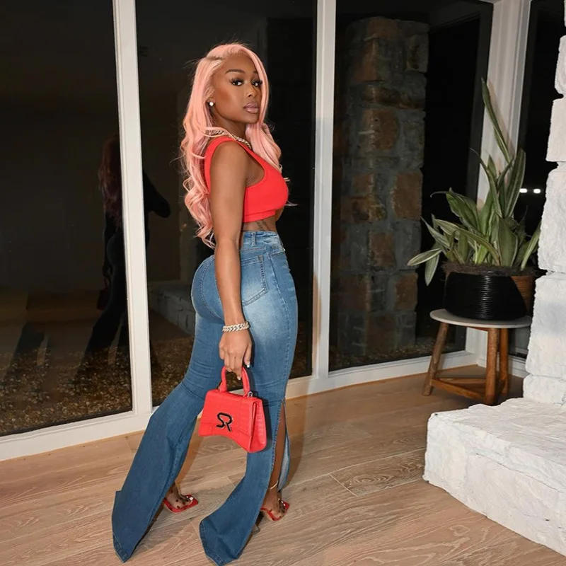 

Slit Long Trousers Women High Waist Sexy Tight Jeans Fashion 2021 New Hip Lifting Denim Pants Casual Women's Jean