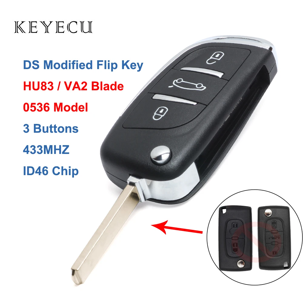 

Складной пульт дистанционного управления Keyecu DS, 3 кнопки, 433 МГц, ID46 для Peugeot 307, 0536, модель 2001, 2002, 2003, 2004, 2005, HU83/VA2