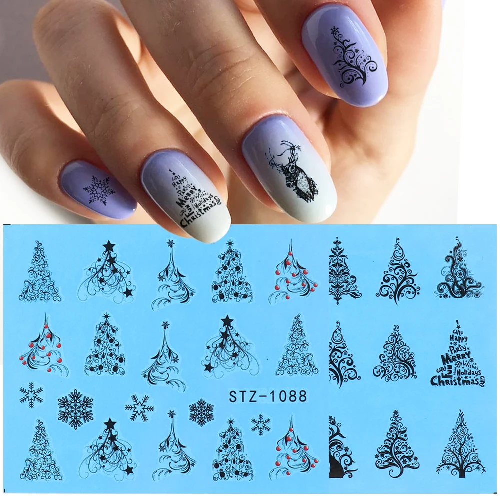 

Наклейки на ногти новогодние елки, слайдеры для ногтей олень, зимний дизайн ногтей, наклейки для ногтей с надписями, снежинки стикеры для но...