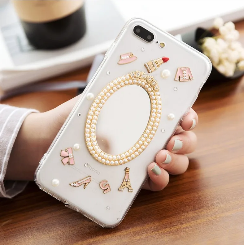 Чехол для iPhone 11 XR 7 8 Pro Max X XS Plus 6 6s зеркальный чехол с жемчужинами шляпой помадой