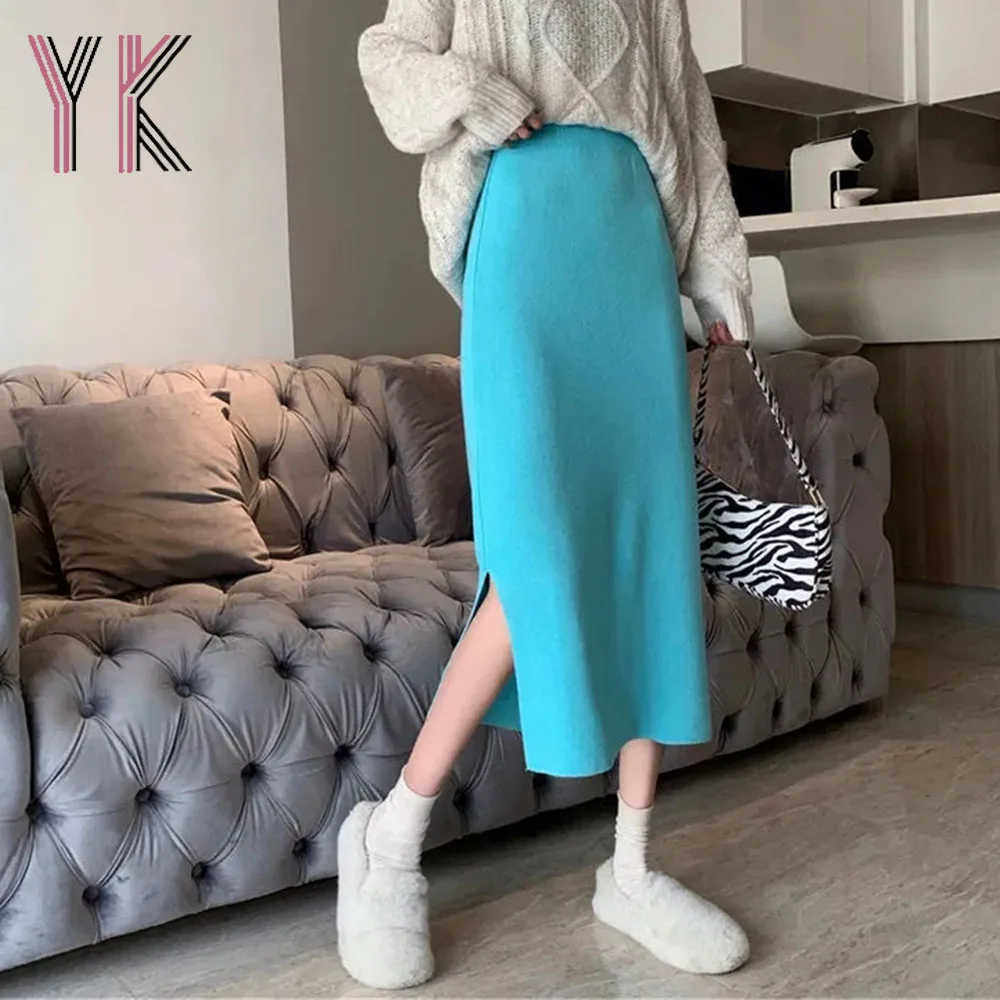 

Slit Knitting High Waist Solid Color Midi Skirts Korean Fashion Stretchy Straight Skirts Basic Women Classic Autumn Winter Saia