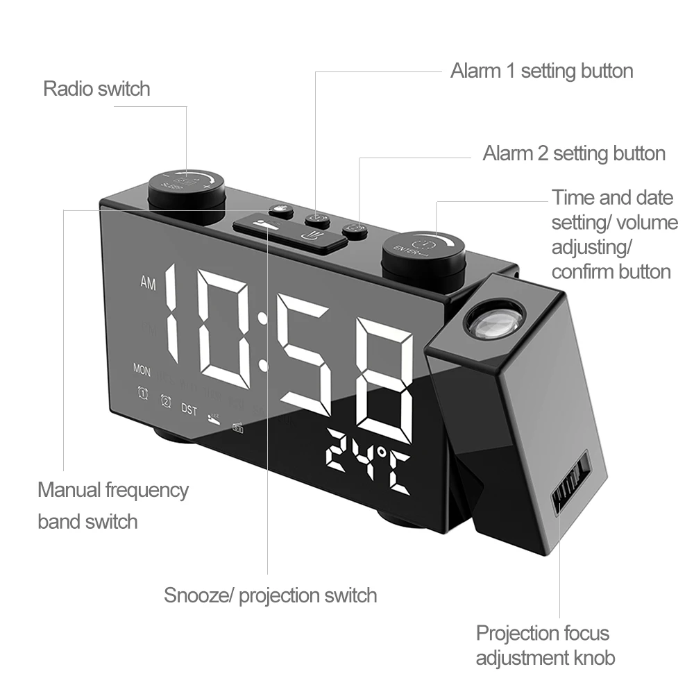 Digital Alarm Clock Projection AM FM Radio 4 Brightness Adjustment USB Dual with Snooze Function | Дом и сад