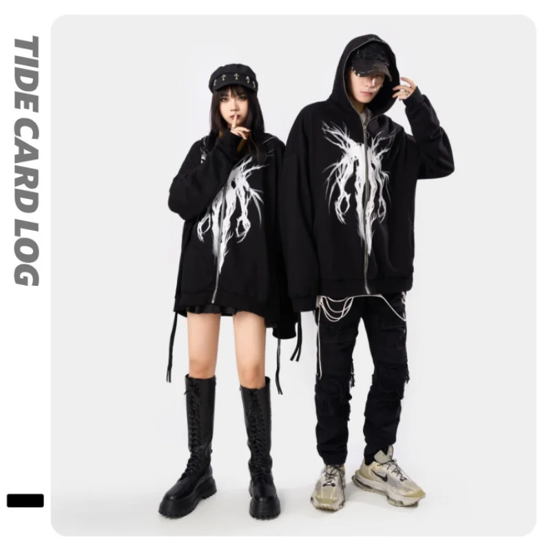 100% Cotton Men's Women's Clothing Loose Personalized Print Shirt Cardigan High Street Casual Hip Hop Zipper Jacket for Couples |