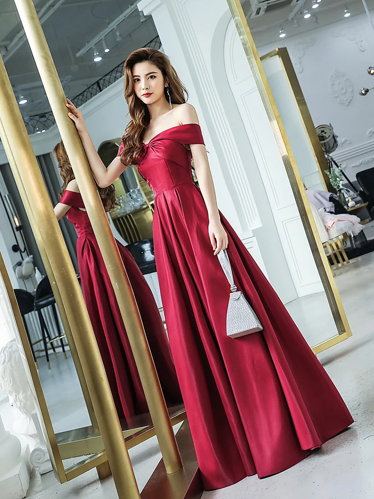 

Burgundy Simple Long Evening Dress Boat Neck Off The Shoulder A Line Elegant Women Wedding Party Dresses Cheap Vestido De Festa