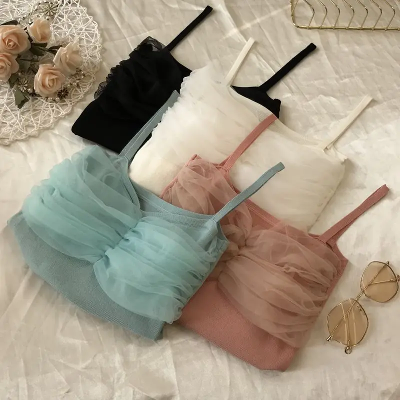 Модный женский топ на бретельках сексуальный сетчатый трикотажный короткий