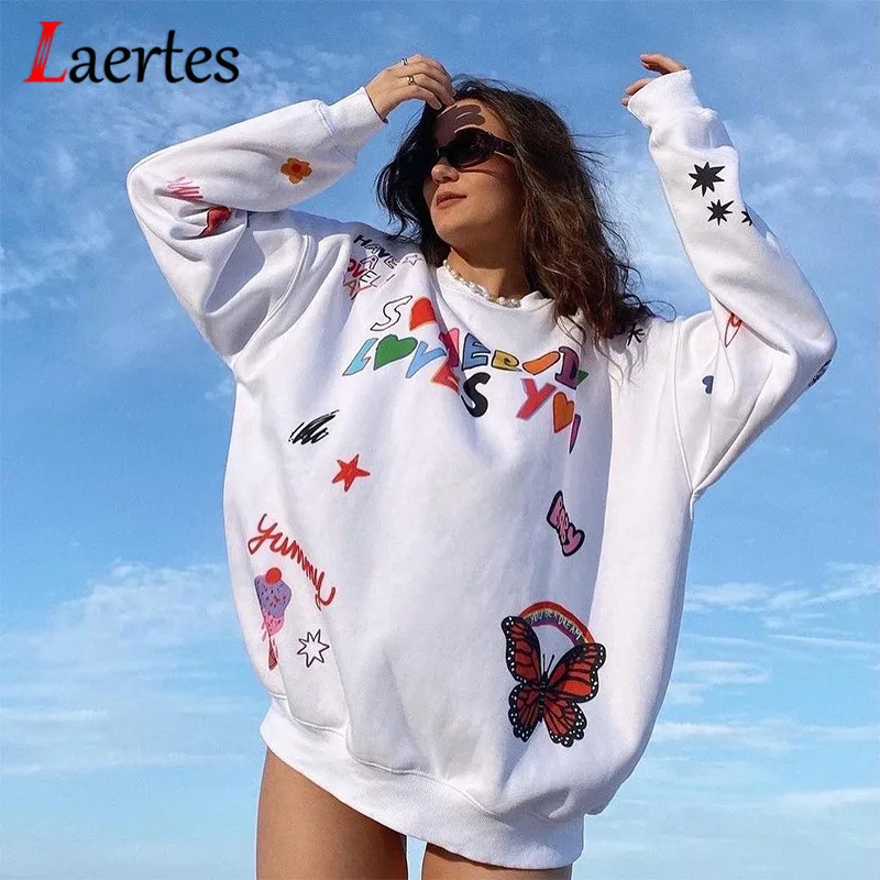 

Women Oversized Hoodies Floral Print Fleece Winter Tops O Neck Long-sleeve Casual Sweatshirt Pullover Loose Ladies Fleece