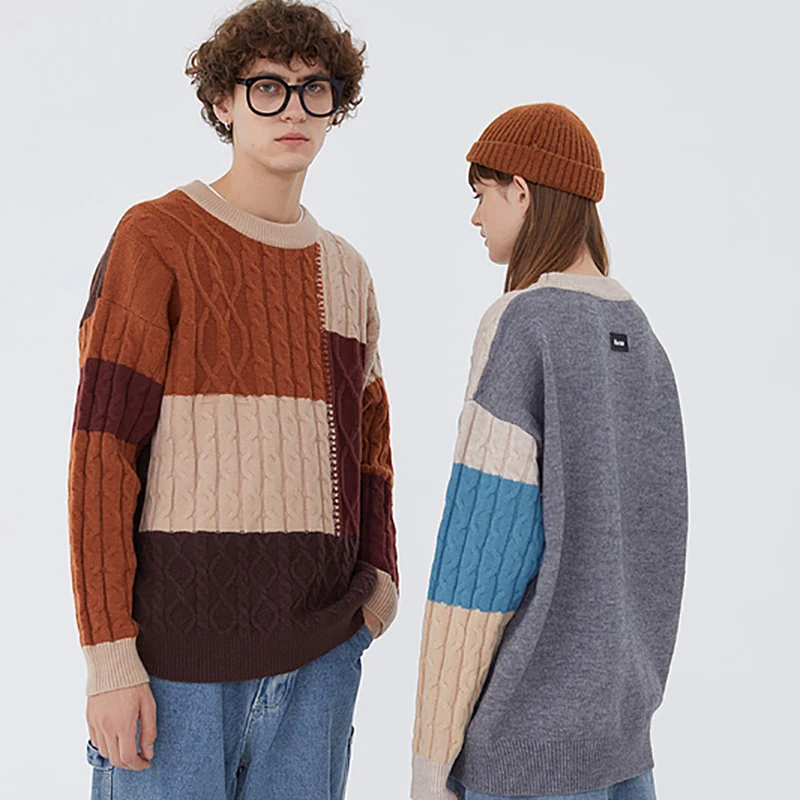 

Men Color Block Patchwork Sweaters Streetwear 2020 Winter Unisex Casual Vintage Couple Knitwear Women Oversize Pullover Sweater