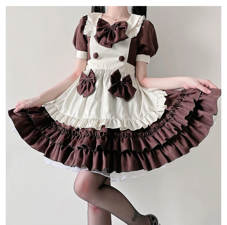 

Cafe maid outfit Lolita cute cosplay brown and black 3 x bow styles Dress