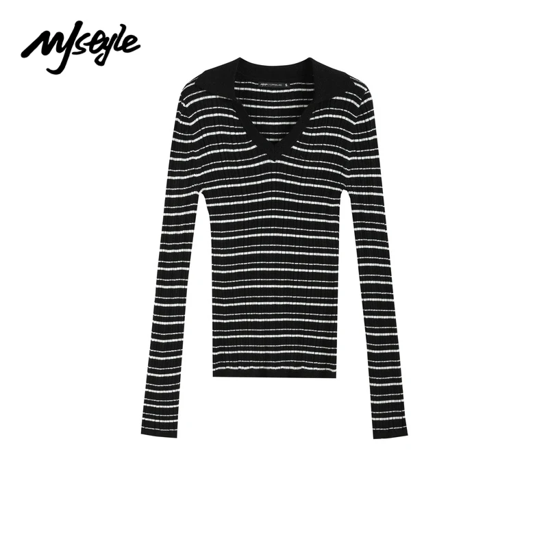 

MJstyle 2021 зимние женские винтажные элегантные поло с V-образным вырезом для девочек Вязаный свитер в полоску трикотажная одежда Sueter De Mujer 721190044