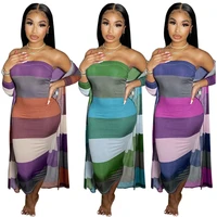 2021 autumn striped printed two piece set strapless bodycon bandage dress maxi cardigan sexy casual outfits for women knitted