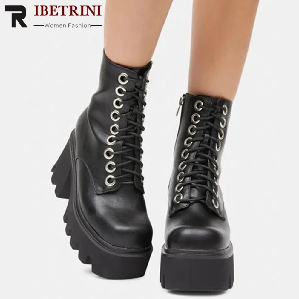 

Female Motorcycle Boots For Women Autumn Platform Chunky Heel Lace Up Ankle Boots Goth High Quality Shoes Woman 2021 Brand New