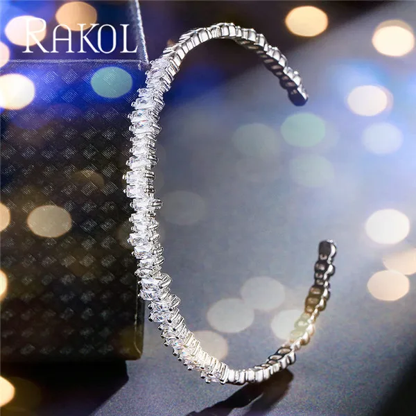 RAKOL AAA+ кубический цирконий багет Bijoux манжета Теннисный браслет и браслет с розовым золотом женские свадебные ювелирные изделия - Окраска металла: White Color