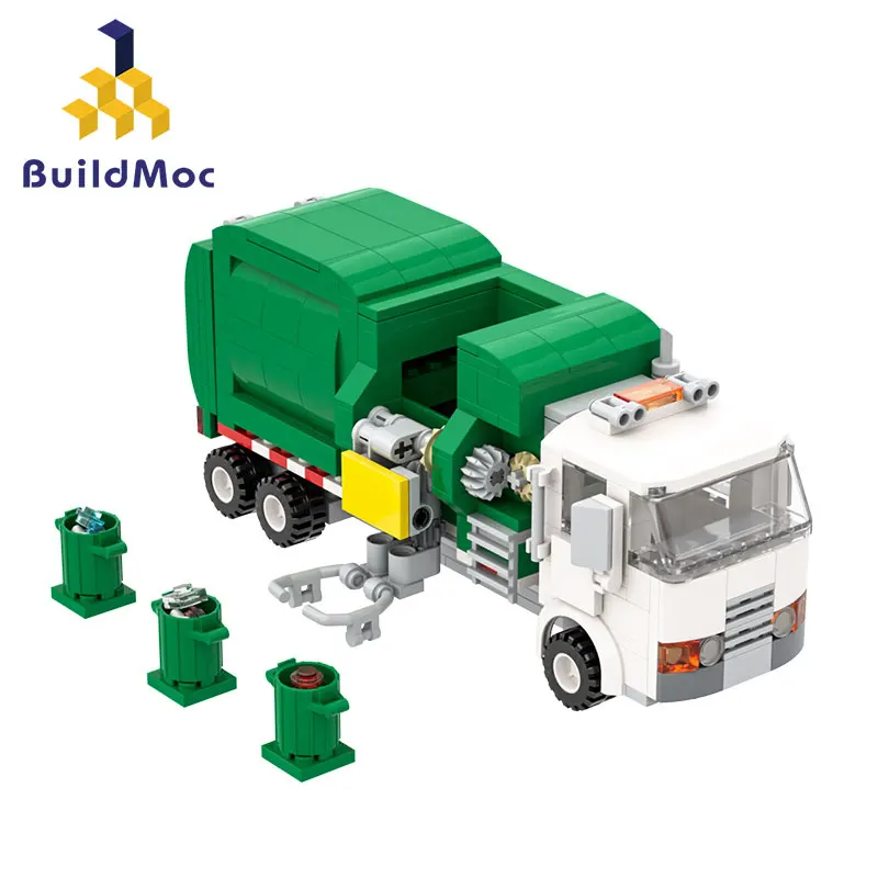 

BuildMoc высокотехнологичный, зеленый, белый автомобиль, мусоровоз, кирпич, городской уборщик, детские образовательные игрушки «сделай сам», на...