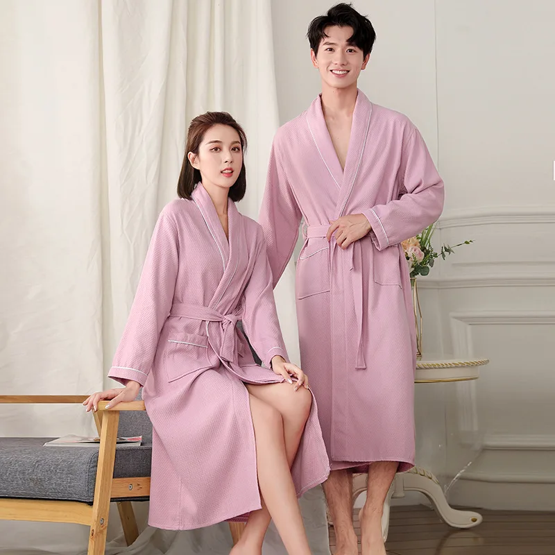 100% Cotton robe waffle long size bathrobes cotton layer warm couple nightgown water absorbent bathrobe