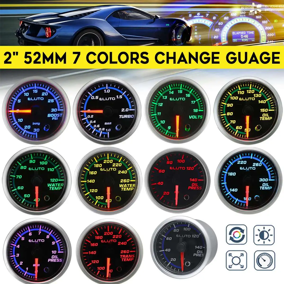 

Car Gauge Turbo Boost Oil Pressure BAR/PSI Oil/Water Temperature Meter Transmission Temperature Gauge Voltage 7 Colors 2'' 52mm