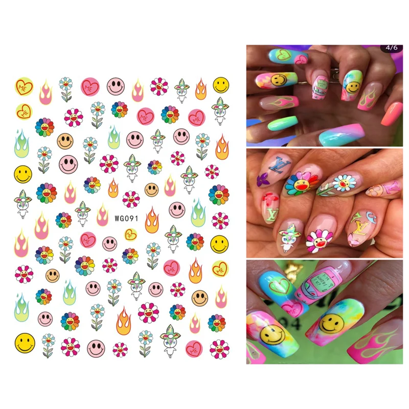 

10PCS Rainbow Smiley Nail Sticker Flame Flower Fried Egg Line Geometric Abstract Human Face Nail Art Deco Applique