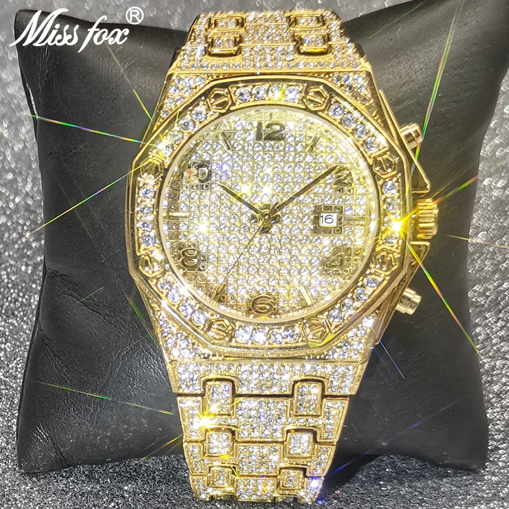 

Большие часы MISSFOX из 18-каратного золота, мужские часы из нержавеющей стали с полностью алмазным покрытием, роскошные модные водонепроницаем...