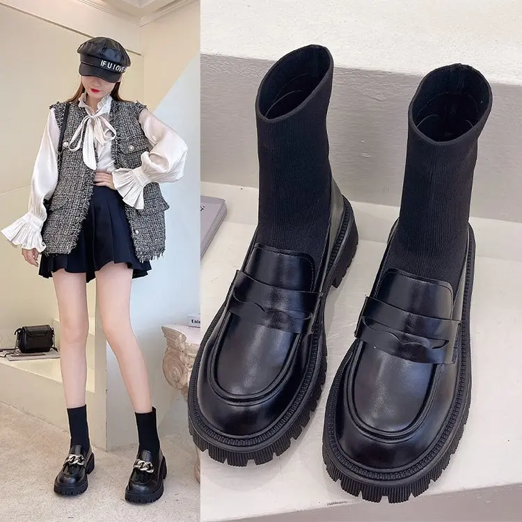 

Кожаные ботинки-носки, новинка 2021, женские ботильоны на массивном каблуке, платформа, круглый носок, Осень-зима, Женская Классическая обувь ...