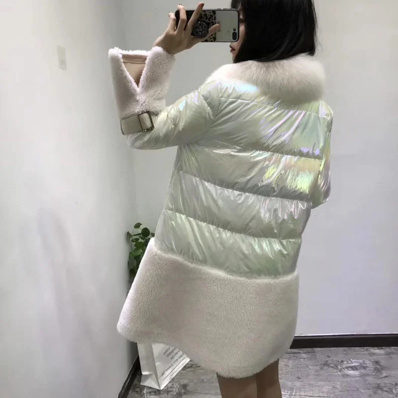

sheep coat plus size korean abrigo mujer white down jacket skirt style parka turn-down collar with natural real fox fur