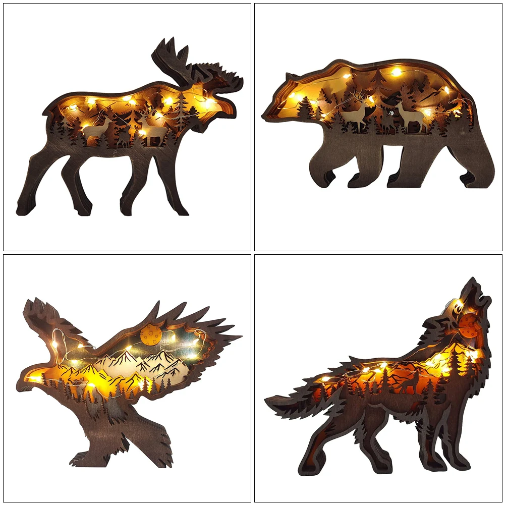

Wooden Animal Statue Creativity Wolf Totem 3D Office Home Decorate Crafts Birthday Christmas Gift Elk Brown Bear Ornaments