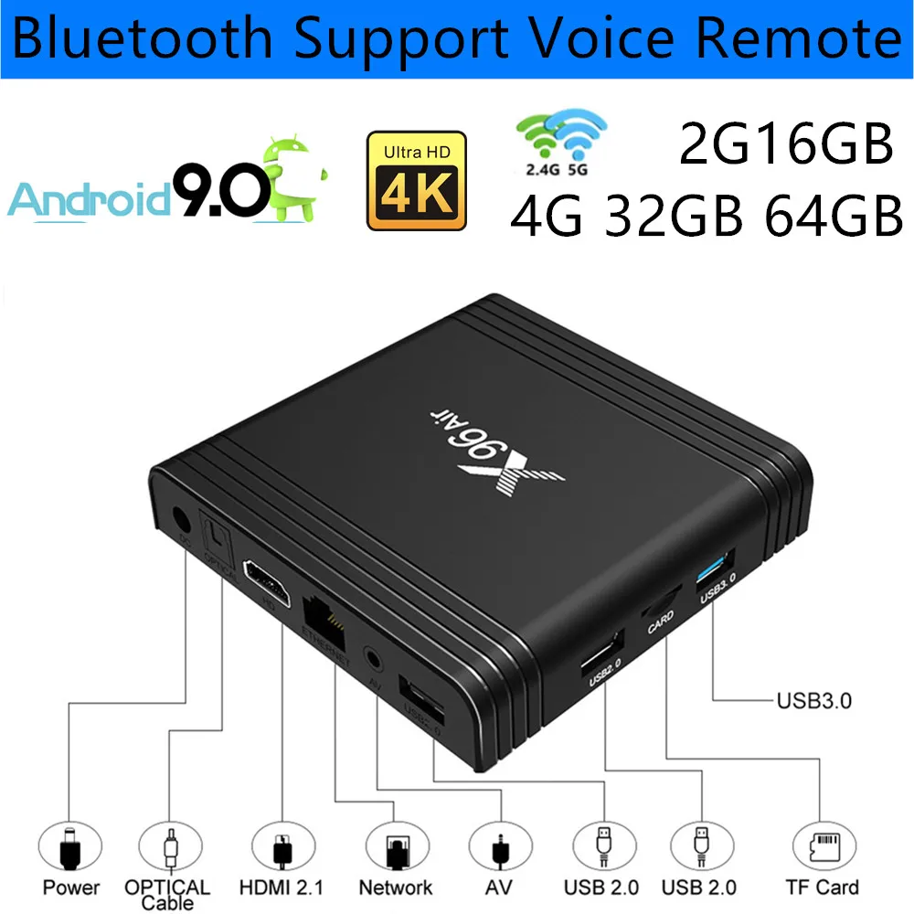 Android 9.0 Smart TV Box 1080P 4K 3D Video Support Youtube Voice Remote Bluetooth Media Player WiFi 2.4G 5G Set Top Box 4G 64GB