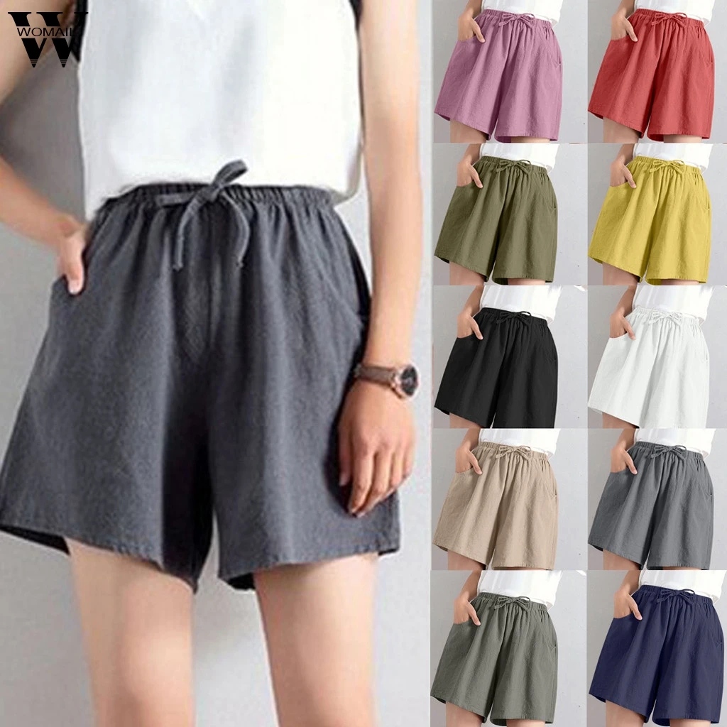 Женские летние шорты повседневные однотонные хлопковые льняные свободные с