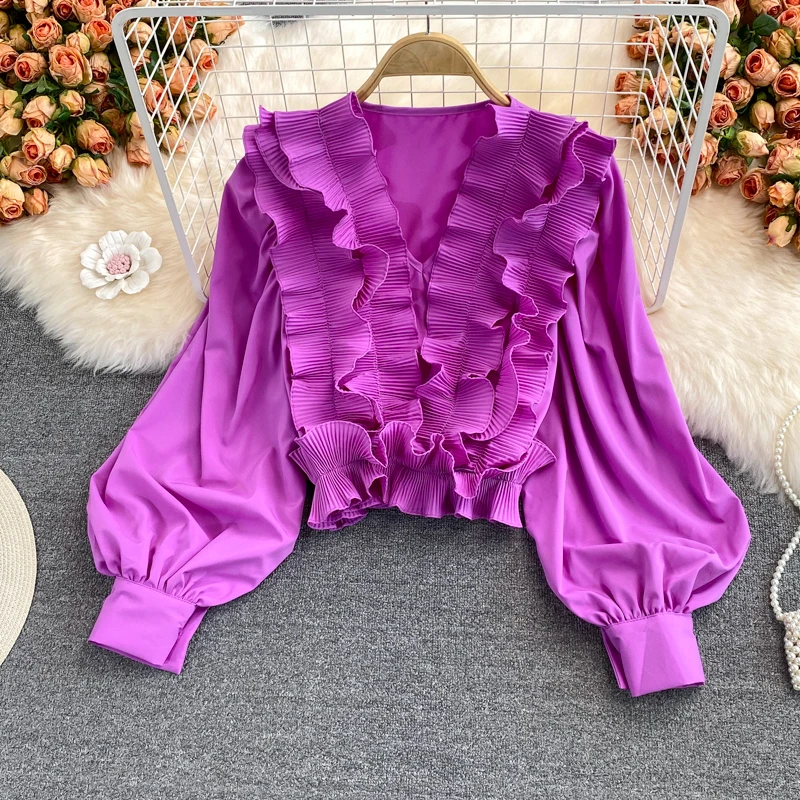 

Женская короткая блузка с рукавами-фонариками, повседневная Однотонная рубашка с V-образным вырезом и оборками в Корейском стиле, привлекат...