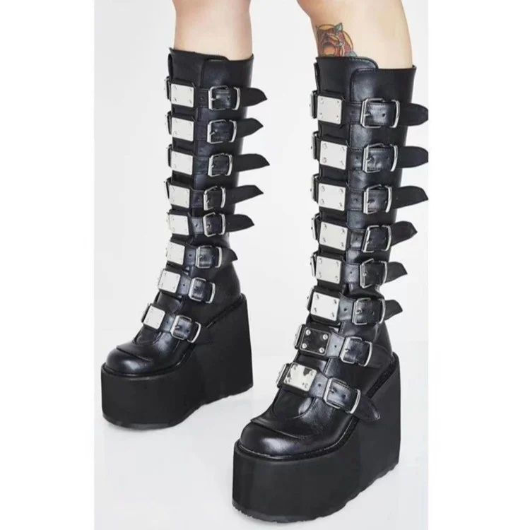 

Women's Round Toe Waterproof Platform Thick Bottom Boots PU Leather Punk Style Fashion Belt Buckle Female Large Size Booties