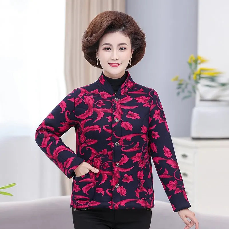 

Middle-aged Cotton Coat Large Size Printed Coat Winter Plus Velvet Thickening Keep Warm Cotton Jacket Outerwear Mother Loaded