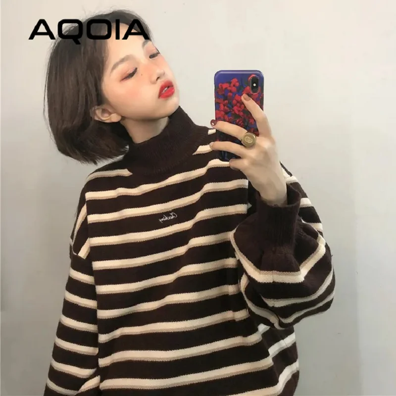 Женский трикотажный пуловер в полоску свободная теплая водолазка стиле ольччан