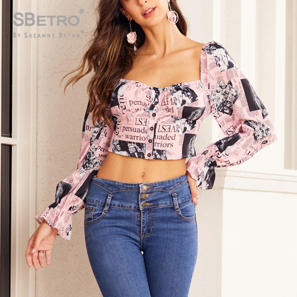 SBetro газета печати рукав Волан Топ Элегантный квадратный вырез сексуальная