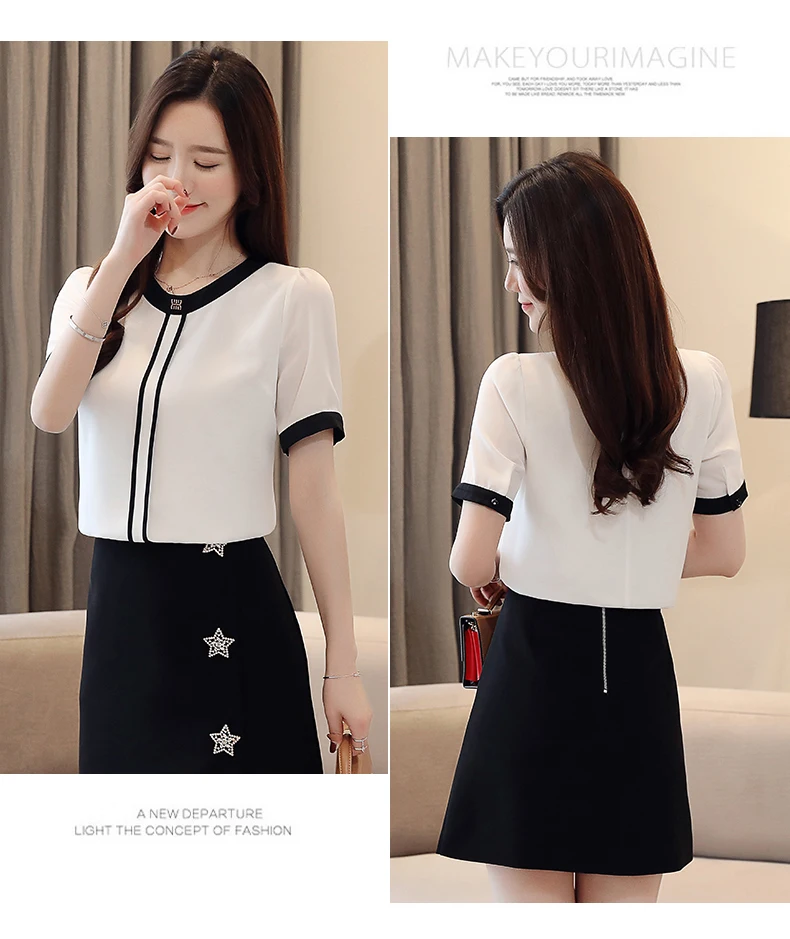 

Houthion Chiffon Slim Women's Blouses New Casual Blouse Splicing O-neck Shirt Summer Short Sleeve Top Fashion