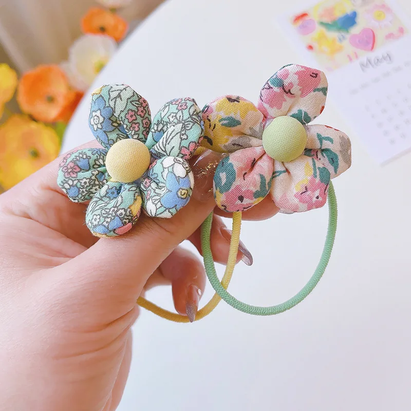 

Cute Floral Print Hair Ties Candy Color Elastic Hair Bands with Flower Ball Hair ring Accesories for Women Girls Ponytail Holder