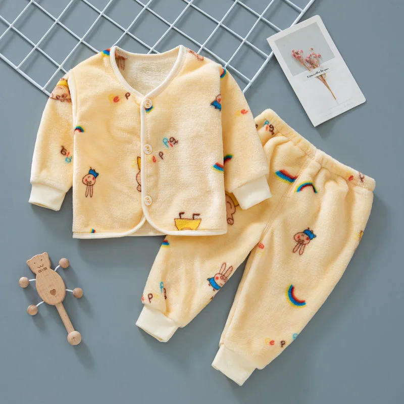 

Newborn baby coral velvet long sleeves to wear male and female baby autumn winter warm flannel home suit pajamas
