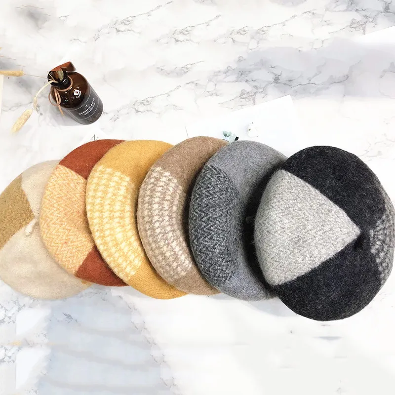 

Winter New women casual woolen beret cap Patchwork thick warm pumpkin artist beret hats gorros
